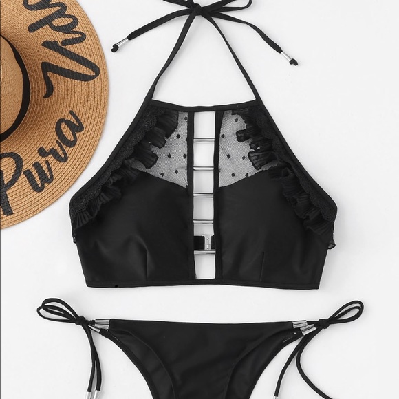 ❤️ NEW Black Tie Side Contrast Mesh Bikini Set - Picture 2 of 6